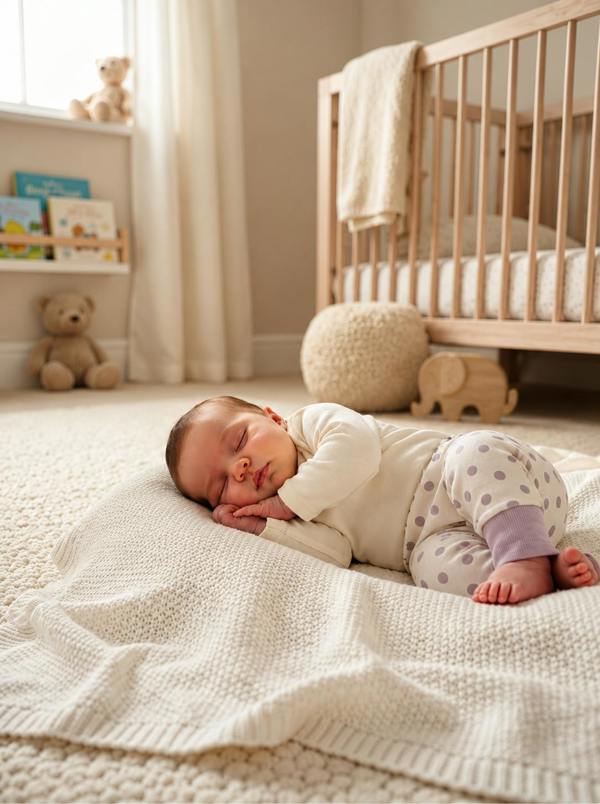 Baby sleeping while wearing organic baby harem pants in GOTS-certified organic Egyptian cotton, with a soft lavender polka dot print and ribbed ankle cuffs