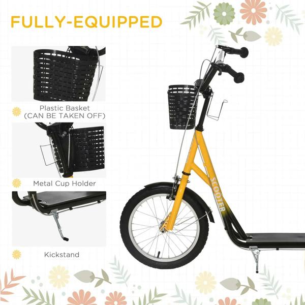 Orange kids kick scooter with detachable black basket and metal cup holder