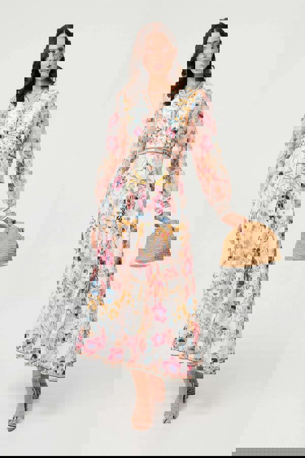 Pink | Floral Border Print V-Neck Maxi Dress