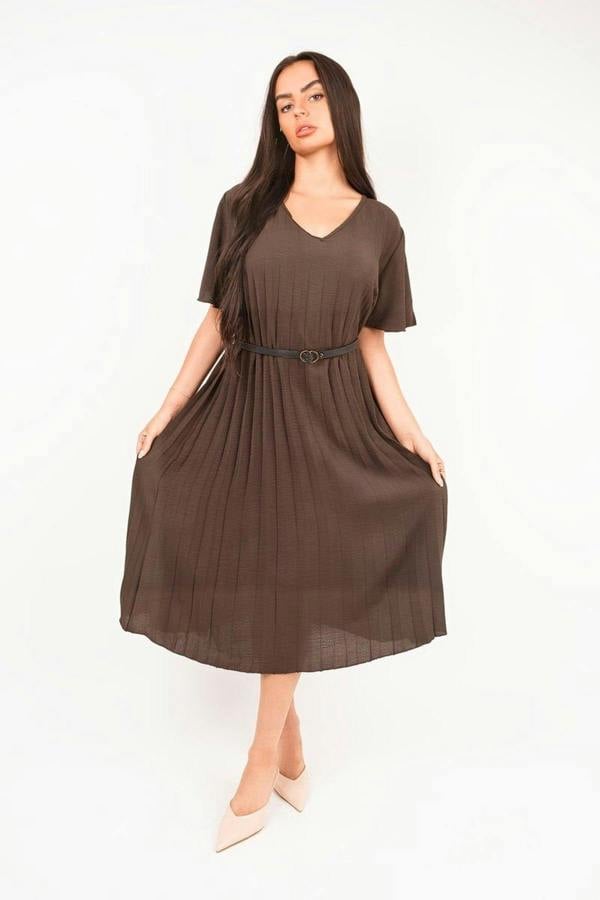 Elidi Short Sleeve Pleated Midi Dress With Waist Belt - Choc Brown