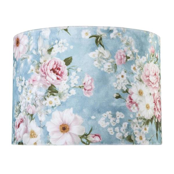 Vintage Chic Sky Blue Velvet Lamp Shade with Pink and White Flowers Image 4