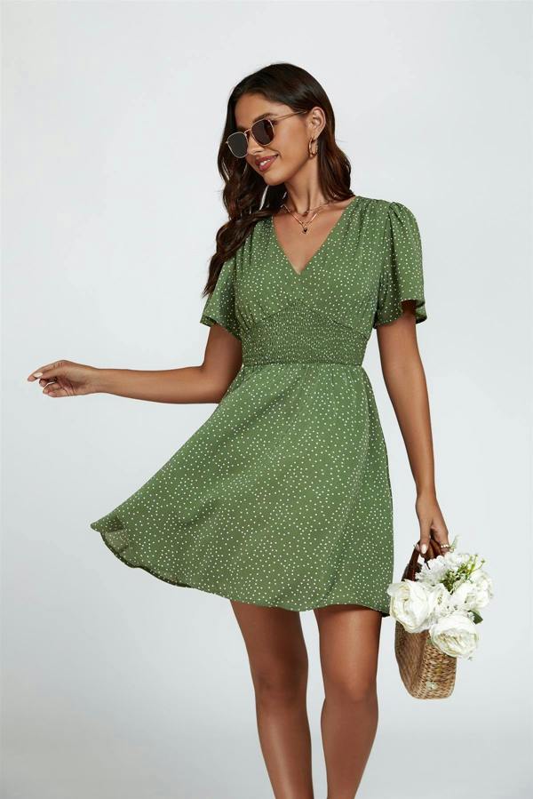 FS Collection Dot Print Short Sleeve Mini Dress In Green