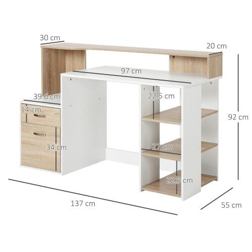 Wyld Haus Niledi 137cm Wooden Oak Large Office Desk With Shelves Drawers And Printer Stand