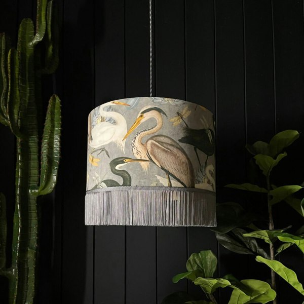 The Tranquil Bird Song Heron Lampshade With Fringing