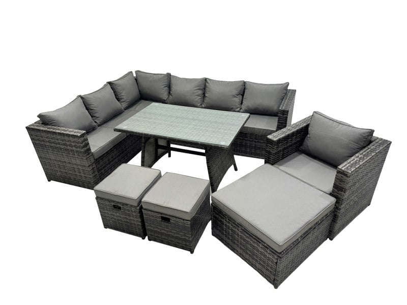 Fimous 10 seater Outdoor PE Rattan Sofa Set with Dining Table Patio Garden Furniture Sets with Chair 3 Stools Dark Grey Mixed