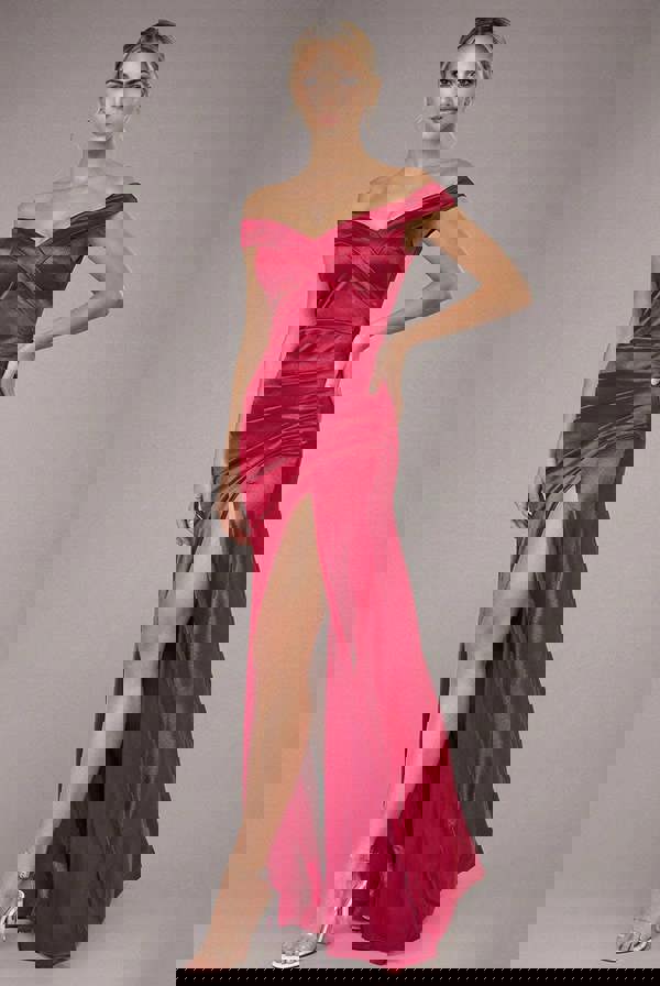 Satin Off Shoulder Pleated Maxi Dress - Berry DR3731