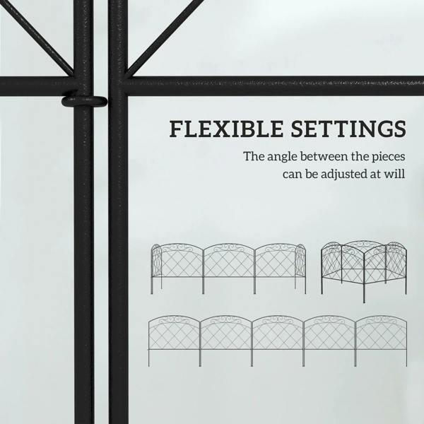 Black metal fence corner connection with diamond lattice panels and arched tops