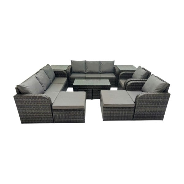 Fimous Rattan Garden Outdoor Furniture Set 3 Seater Sofa Reclining Chair Coffee Table with 4 Footstools 2 Side Tables Dark Grey Mixed