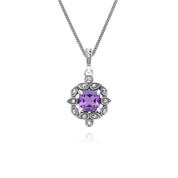 Gemondo Art Deco Style Cushion Amethyst & Marcasite Pendant Necklace in Sterling Silver