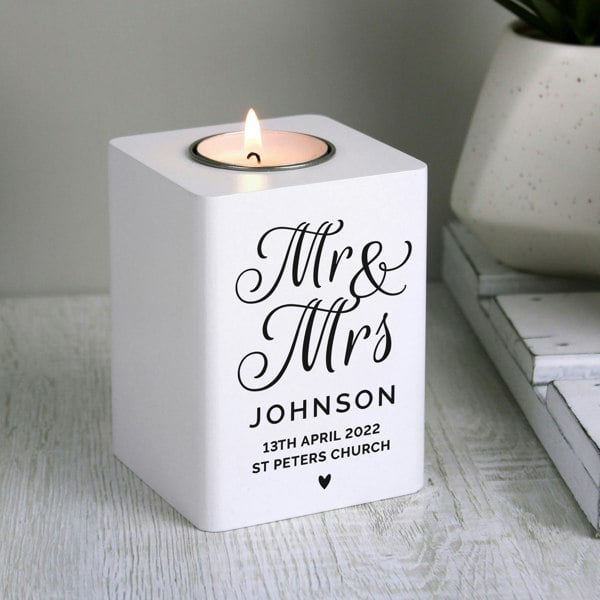 Personalised Memento Company Personalised Mr & Mrs White Wooden Tea light Holder