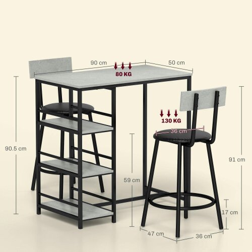 Wyld Haus Raco Sera Wooden Grey And Black 3 Piece Kitchen Dining Set With Integrated Shelving