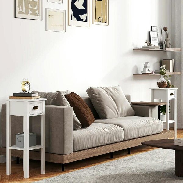 2-Tier Side Tables Set of 2 with Drawer and Shelf, 2 Pieces Bedside Tables for Living Room and Hallway, White
