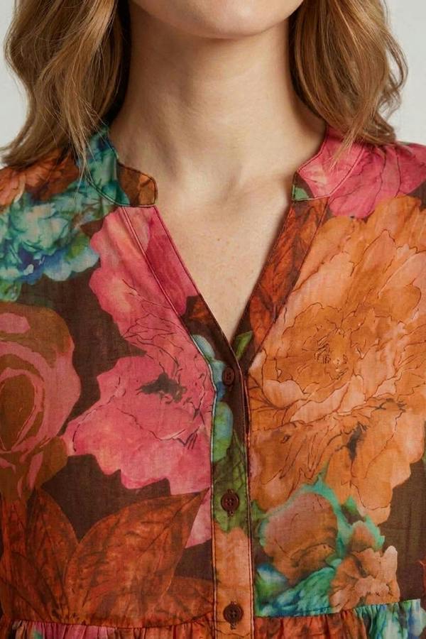 Brown | Floral Long Sleeve Relaxed V-Neck Blouse