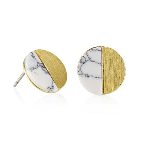 Gold Disc Stud Earrings with Created White Agates - namana.london