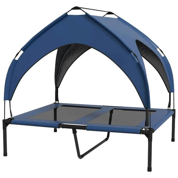 Dark blue elevated dog bed with arched canopy and breathable mesh lounging platform
