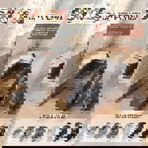 Skylos Cat Litter Box Enclosed Stainless Steel Anti-Splash Toilet Tray Foldable