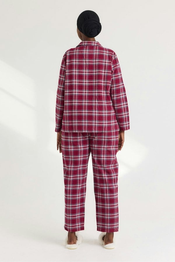 Plaid Long Pyjama Set in Bordeaux - Pajamas