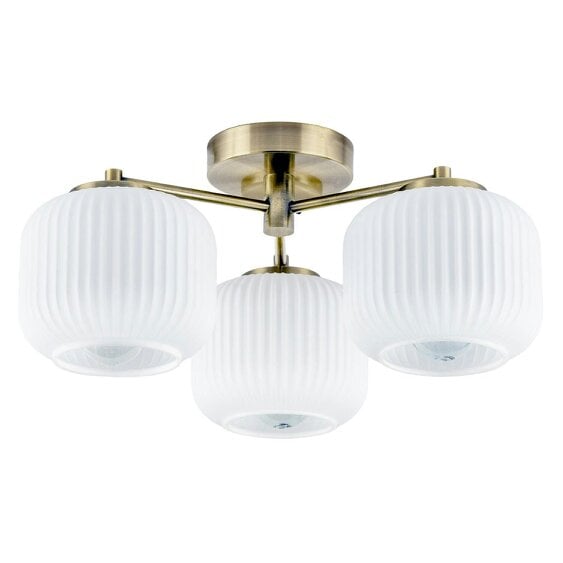 Happy Homewares Modern Antique Brass Semi Flush Ceiling Light with Ribbed Glass Shades