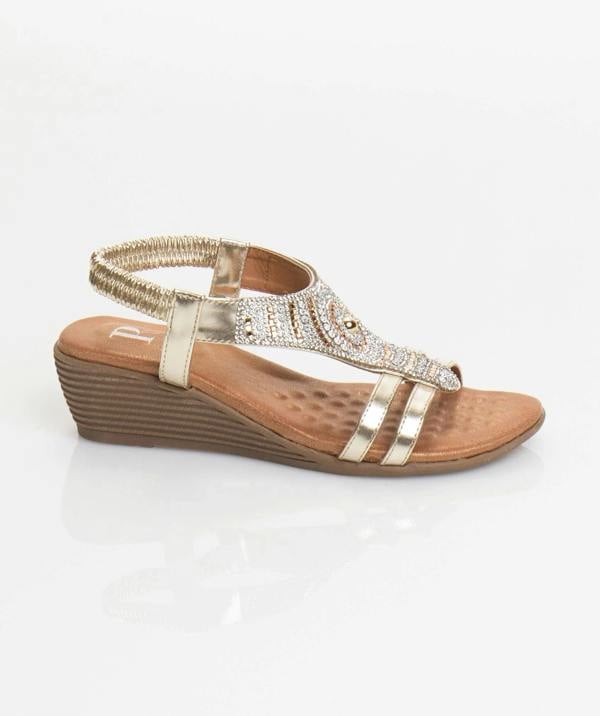 Pia Rossini Gemini - Gold Wedged Heel Sandal with Embellished Jewels