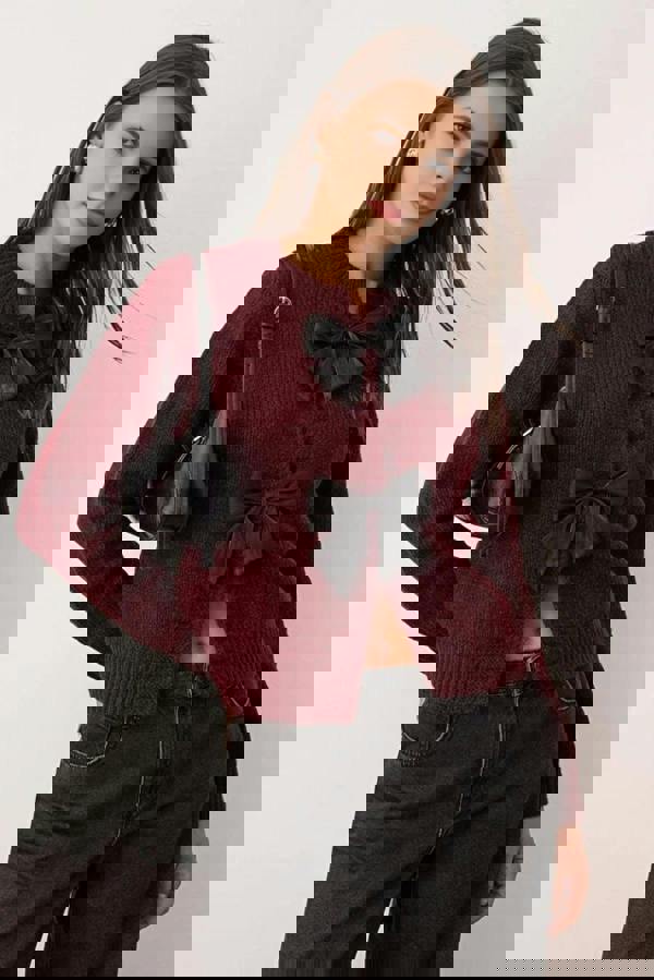 WOVCOR Crew Neck Knit Cardigan with Ribbon Detail