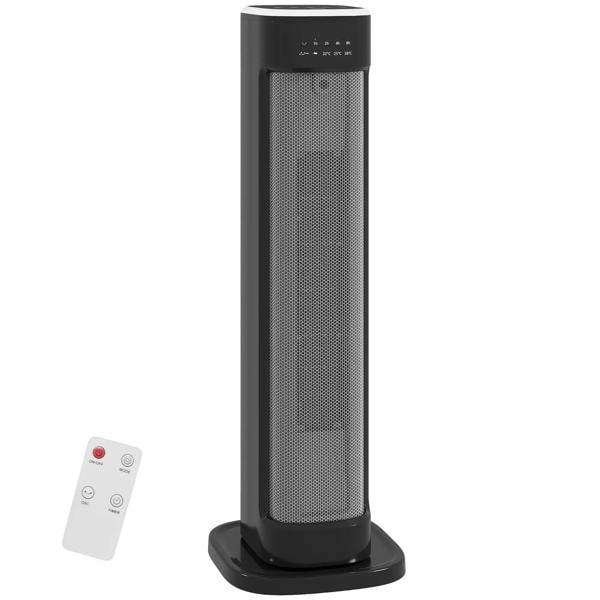 Black ceramic electric space heater with top control panel and remote
