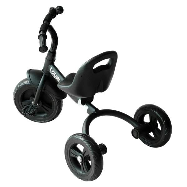 Black kids 3-wheel tricycle three-quarter view with front and side wheels