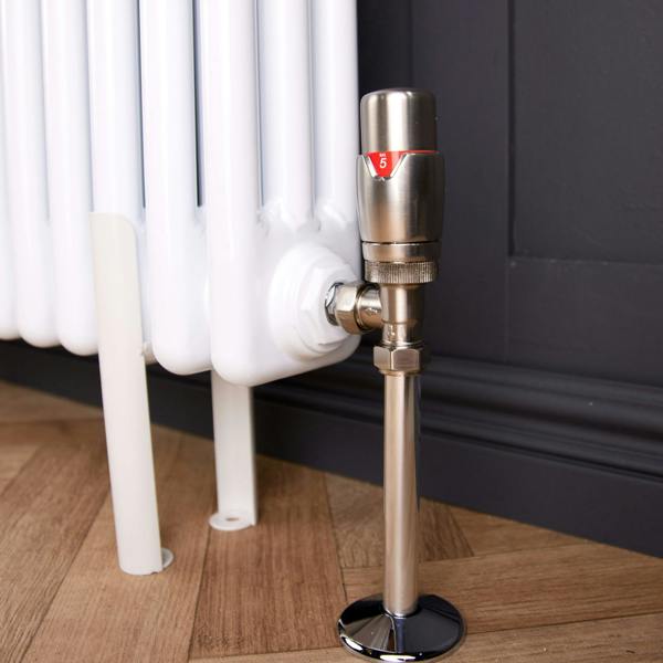 Flode Angled Round Thermostatic Radiator Valve Pack | 15mm x 1/2" | Brushed Steel