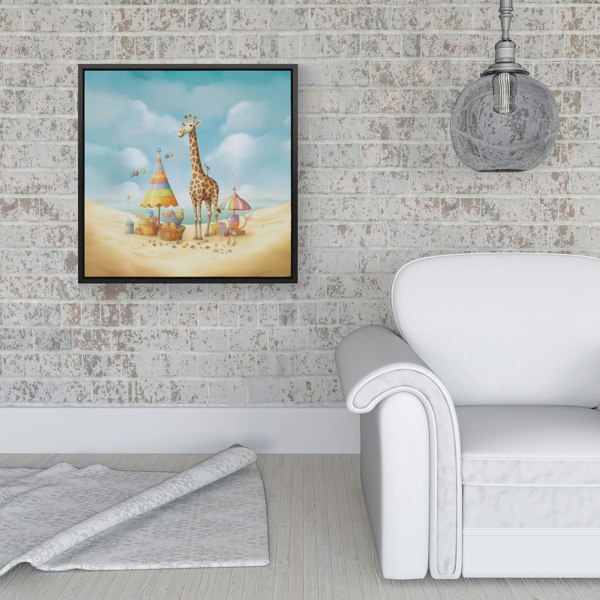 Warren Reed Giraffe On A Beach Holiday Framed Canvas