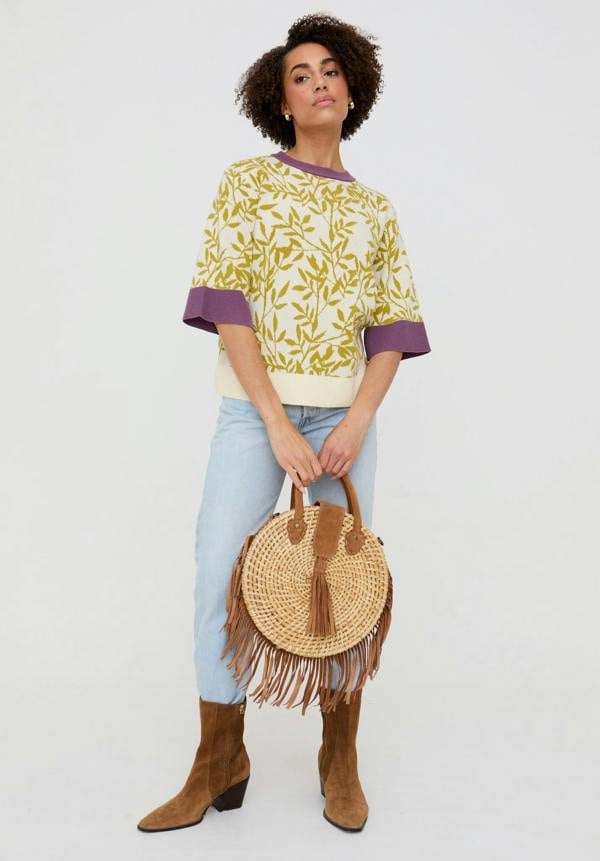 Daffodil Slouchy Leaf Print Knitted T-shirt In Multi - image 1
