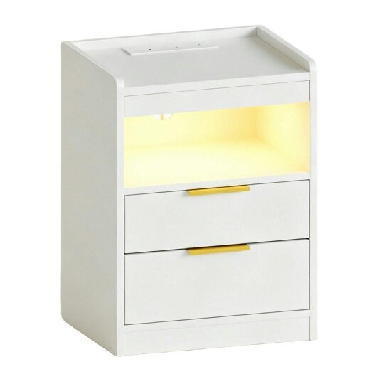 Havendro LED Bedside Table with Hidden Drawer Bedside Cabinet w/ Charging Station - wood - white