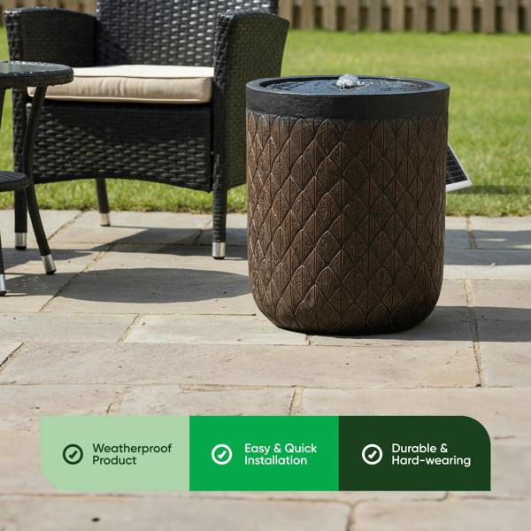 Gardenwize Solar Water Feature – Diamond Weave Barrel Fountain with LED Lights & Battery Backup