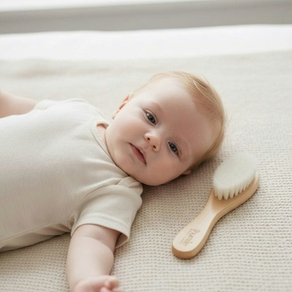 baby with a soft bristle goat hair baby hair brush
