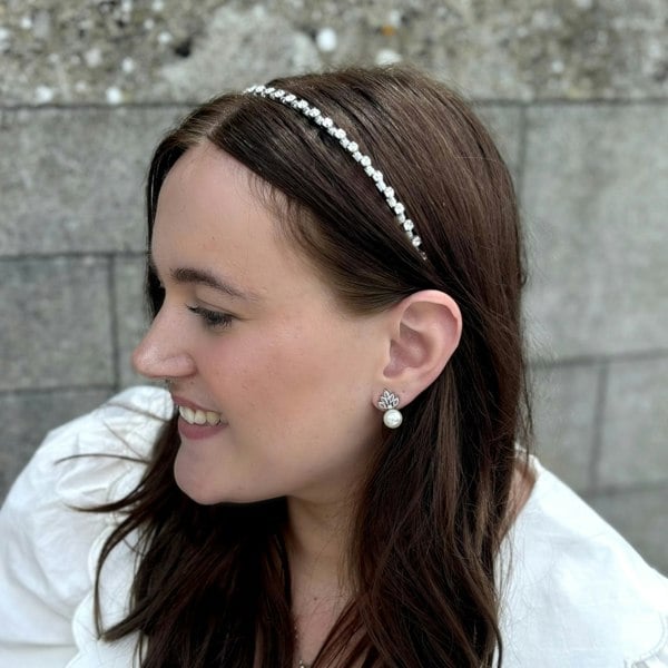 Silver Slim Hair Band With Crystals, Worn View, Delicate Silver Hairband Featuring Sparkling Crystals, Lightweight Crystal Headband, Elegant Hair Accessory for Special Occasions, Minimalist Glam Hairband
