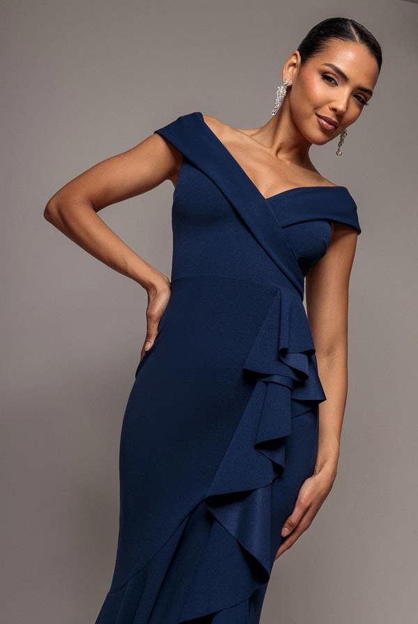 Off Shoulder Front Waterfall Frill Maxi Dress - Navy Blue DR4929BR