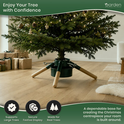 Large Modern Spruce Christmas Tree Stand, Green Metal Base with Wooden Legs, Water Reservoir, Adjustable Clamps for Trees up to 2.6m