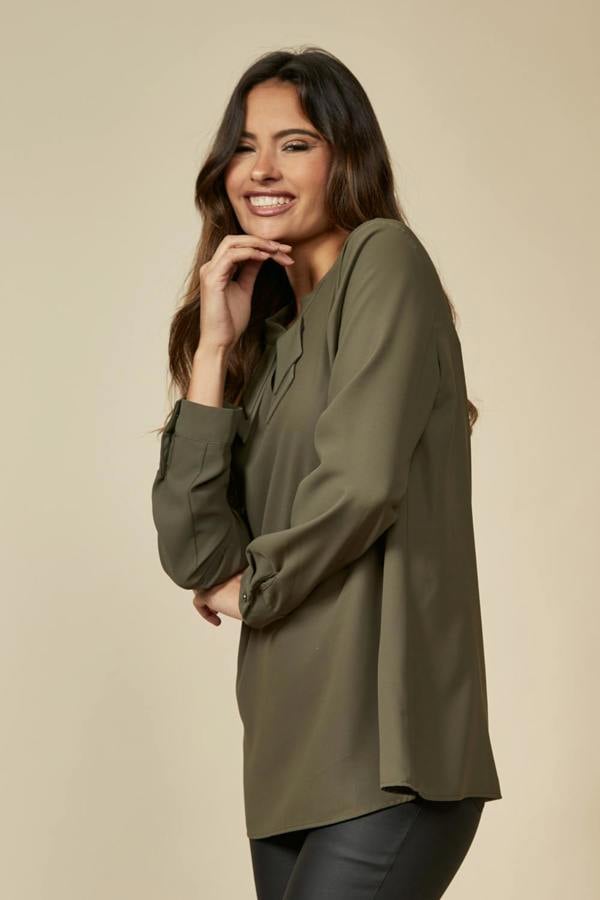 Hoxton Gal Oversized Detailed V Neck Top with Long Sleeves in Khaki