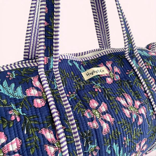 Hayley & Co Blue and Purple Floral Block Print Cotton Quilted Weekend Duffle Bag