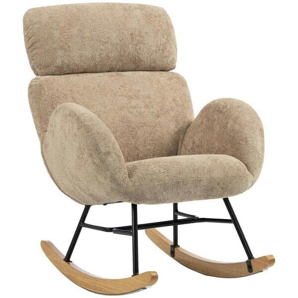 Upholstered Rocking Chair Adjustable Headrest Rocker Chair Raindrop Velvet Rubberwood Base Light Brown