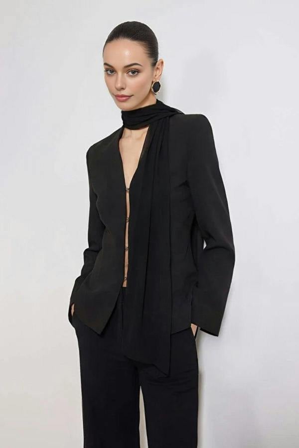 WOVCOR Chiffon Shawl Detail Fitted Woven Blazer Jacket with Hook and Eye Closure