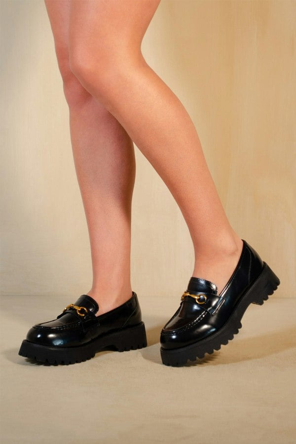 Where's That From Muriel Chunky Sole Slip on Loafers With Metal Detail in Black Patent