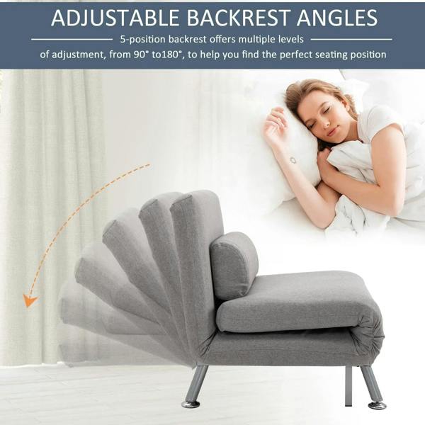 Grey adjustable back futon sofa chair with reclined backrest and cushioned head pillow