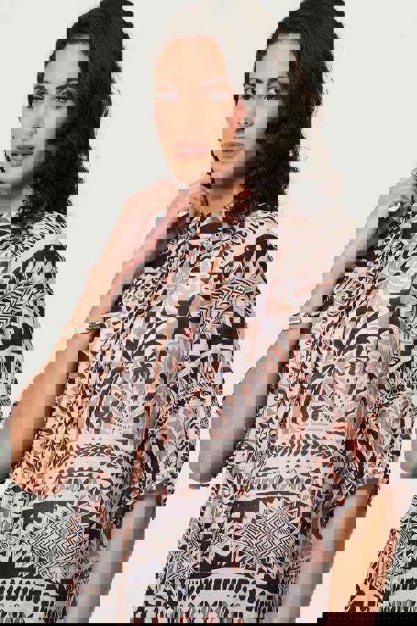 Brown | Abstract 3/4 Sleeve High Neck Shirt