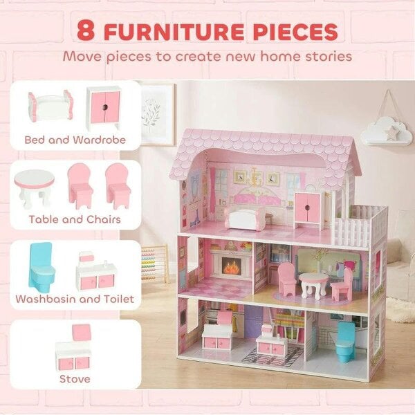 Dolls House, 6 Rooms Modern Dollhouse with LED Lights, 8 Furniture Pieces, 3-Level Playhouse Gift for Kids 3-6 Years