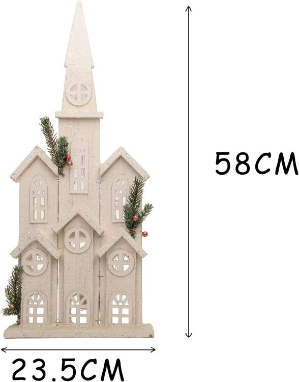 Shatchi 58cm Wooden Church House with Warm White LED Lights, Snow Covered Cottage Style Indoor Decoration