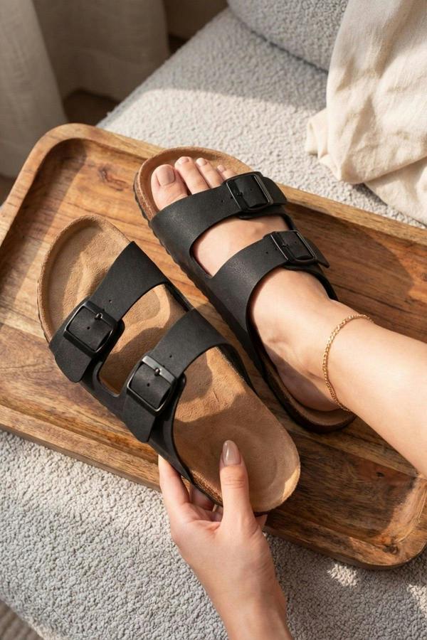 Harper Womens Double Buckle Cork Slide Sandals - BLACK