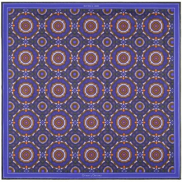 Otway & Orford 'Whirligig' medallion silk pocket square - blue, orange & green (42x42cm)