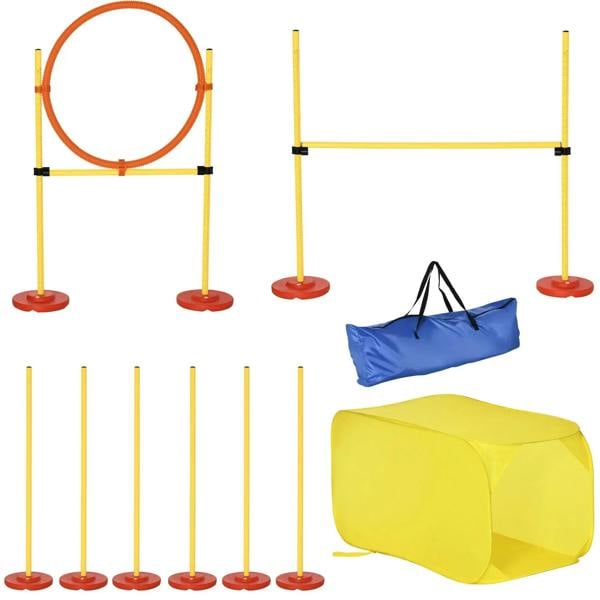 Yellow agility obstacle set with jumping ring, high-jump poles, weave poles, and tunnel
