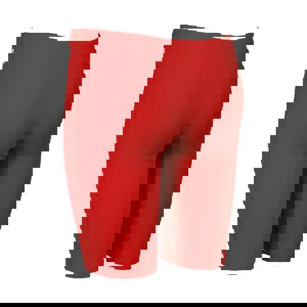 Red boys team solid swim jammer with white Arena logo on spandex waistband