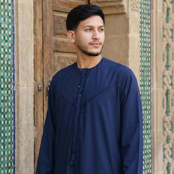 HM11 - Men's Emirati Omani Bobble Button Thobe - Navy - Thobez - 16