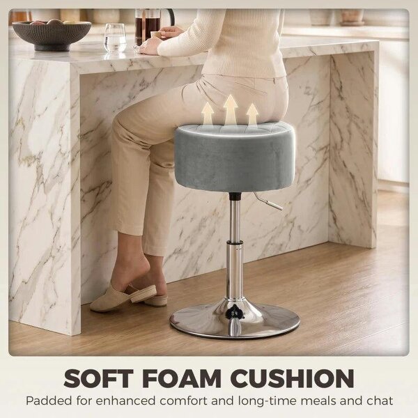 Bar Stool Adjustable Swivel Chair Velvet-Feel Seat 1 Piece, Grey